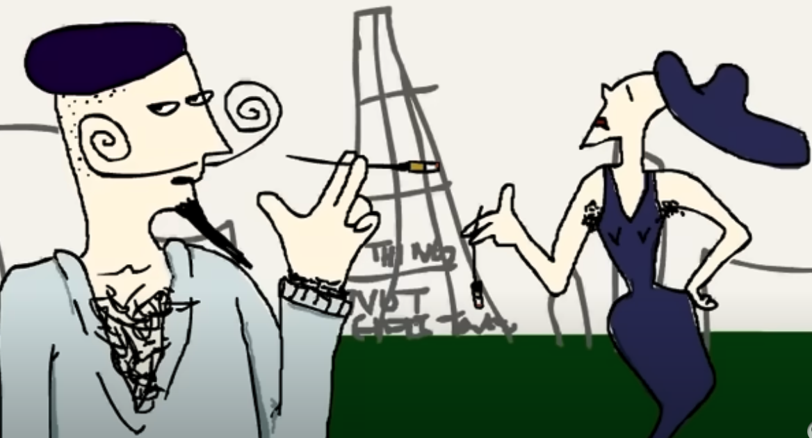 A hastily-drawn male and feamle figure standing in front of what vaguely looks like the Eifel Tower. A still from the video "It's The End of the World."