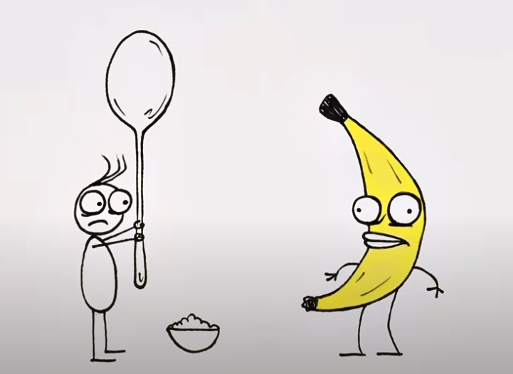 A screenshot from the video "REJECTED" showing an illustrated human figure holding a comically oversized spoon. The spoon-holding figure is next to an anthropomorphic banana. Both figures look nervous. White background.