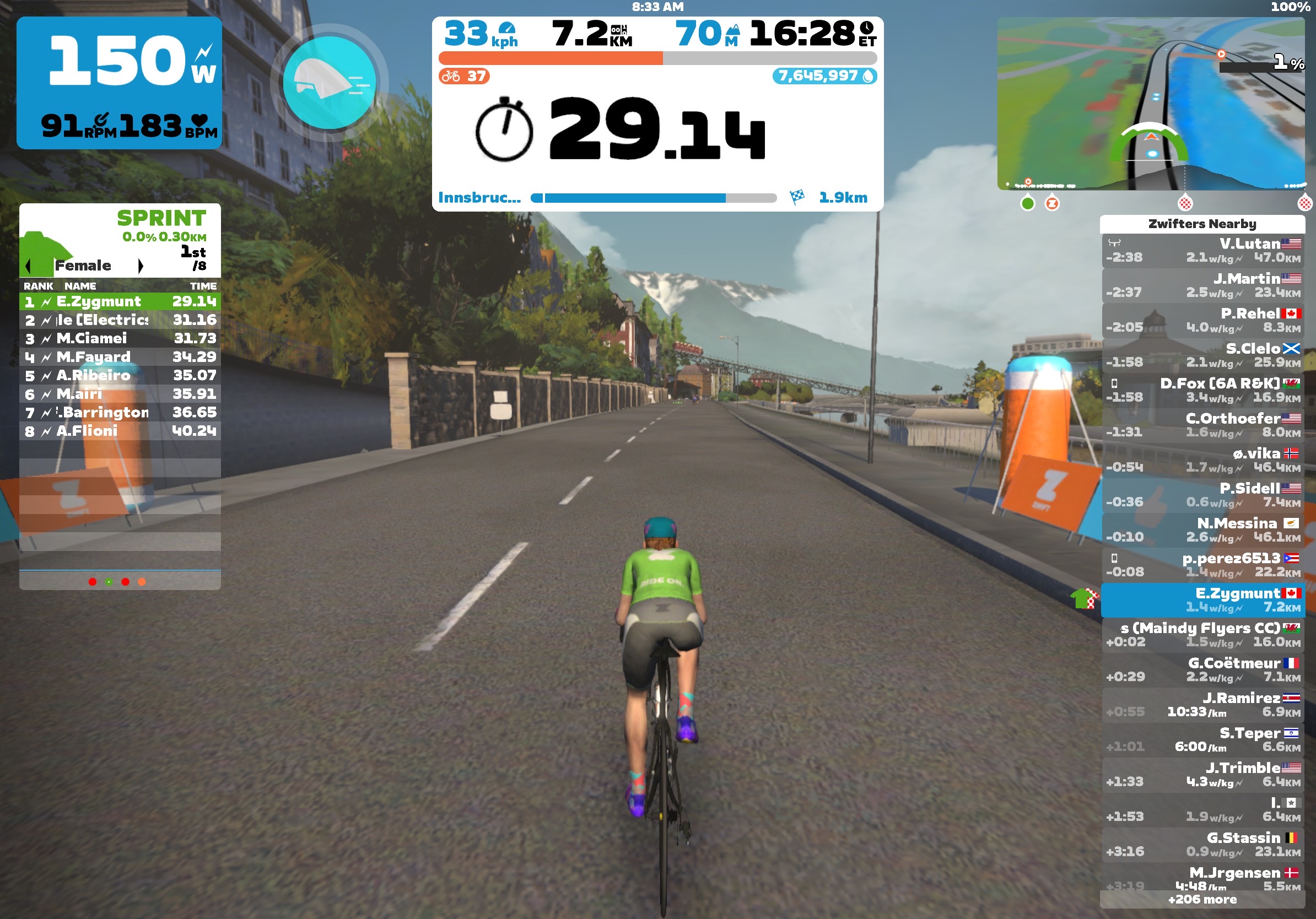 Screenshot of the virtual cycling game Zwift. The rider has just finished a sprint segment and is displayed with their finishing time. 